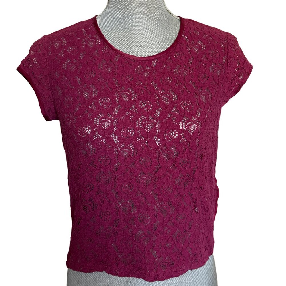 H&M Divided Overlay Top - Size 2 - Sheer Front - Red Floral - Short Sleeve